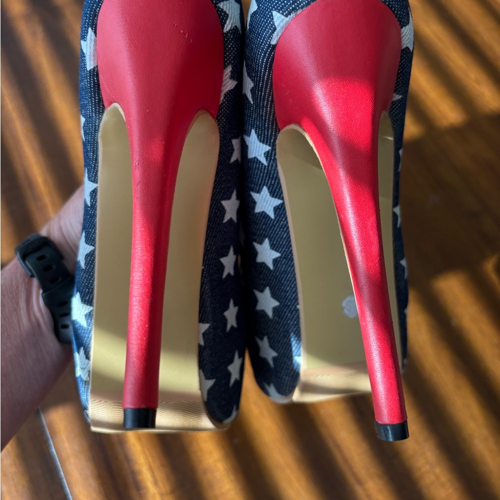 Patriotic Red White & Blue Flag Print Women's High Heels - Picture 3 of 4
